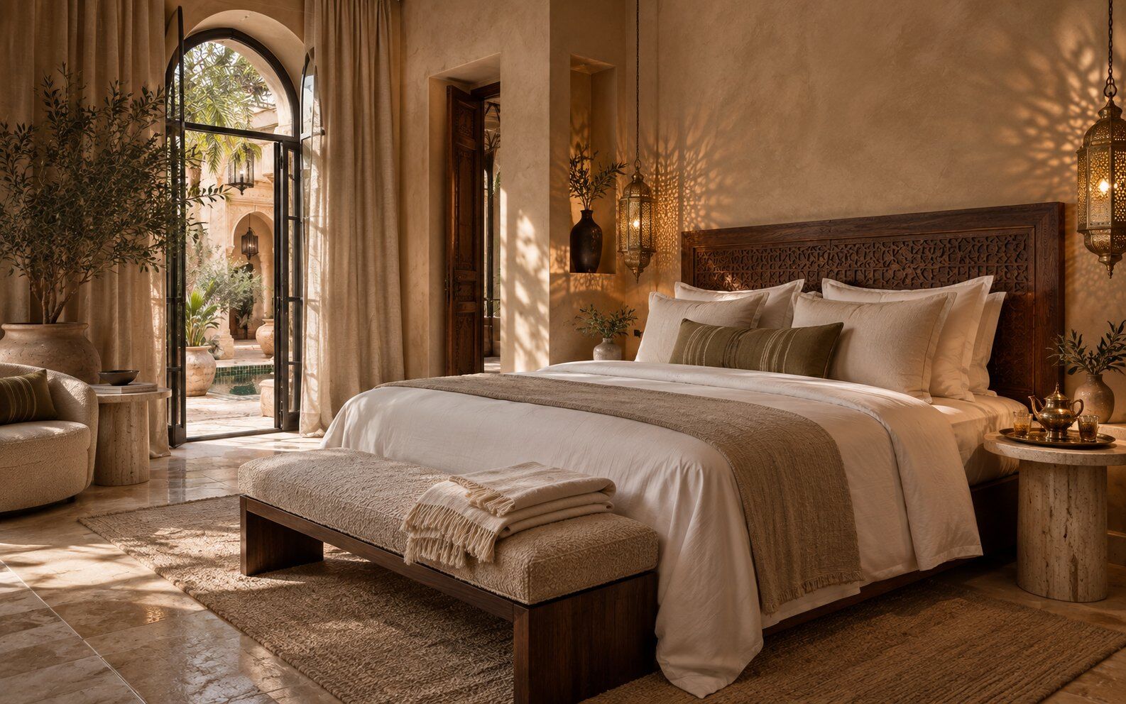 Suite de riad prête à la location à Marrakech : tête de lit en bois sculpté, lin naturel, lanternes et thé à la menthe – MF Interiors