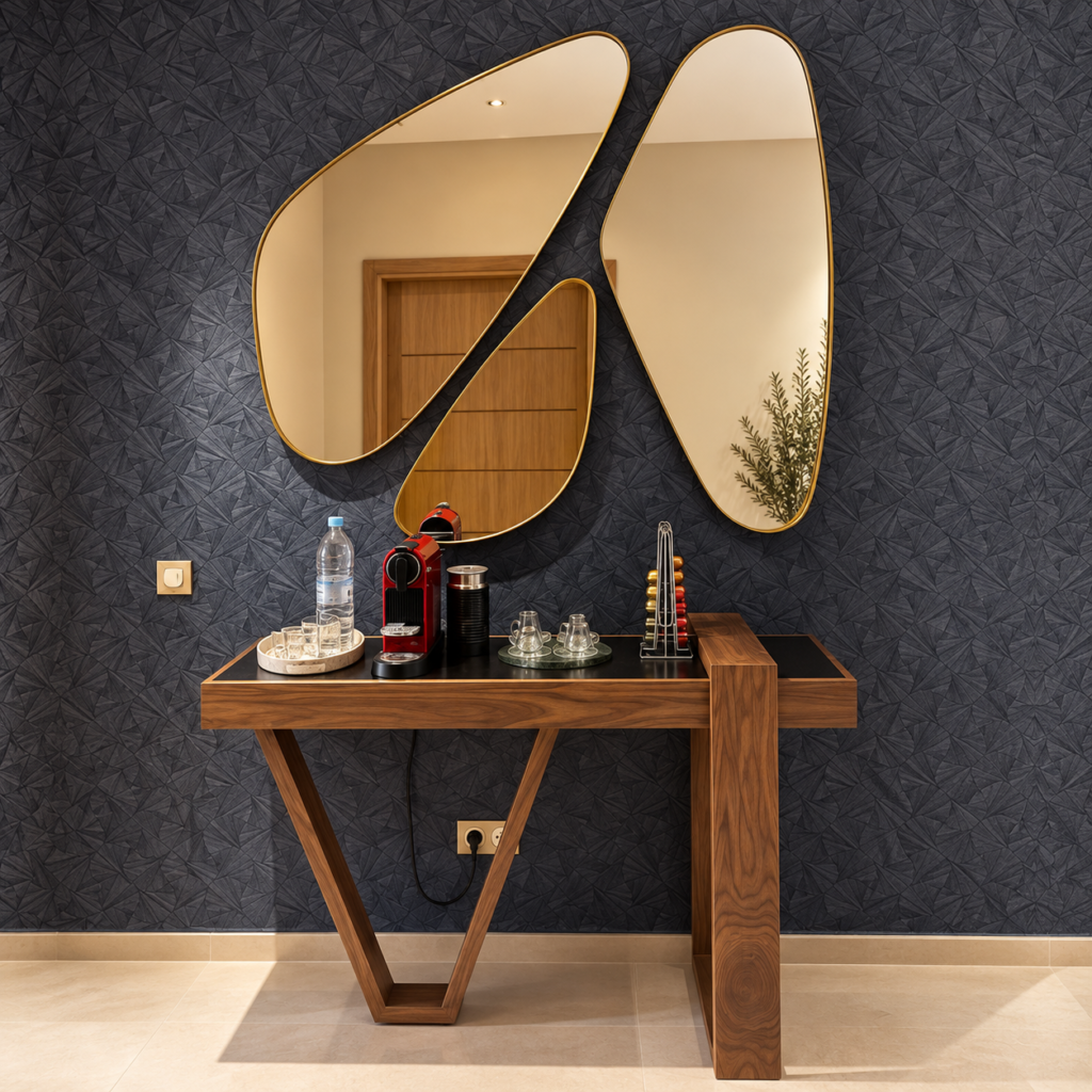 Console sur mesure en noyer massif avec pied en V et miroirs organiques