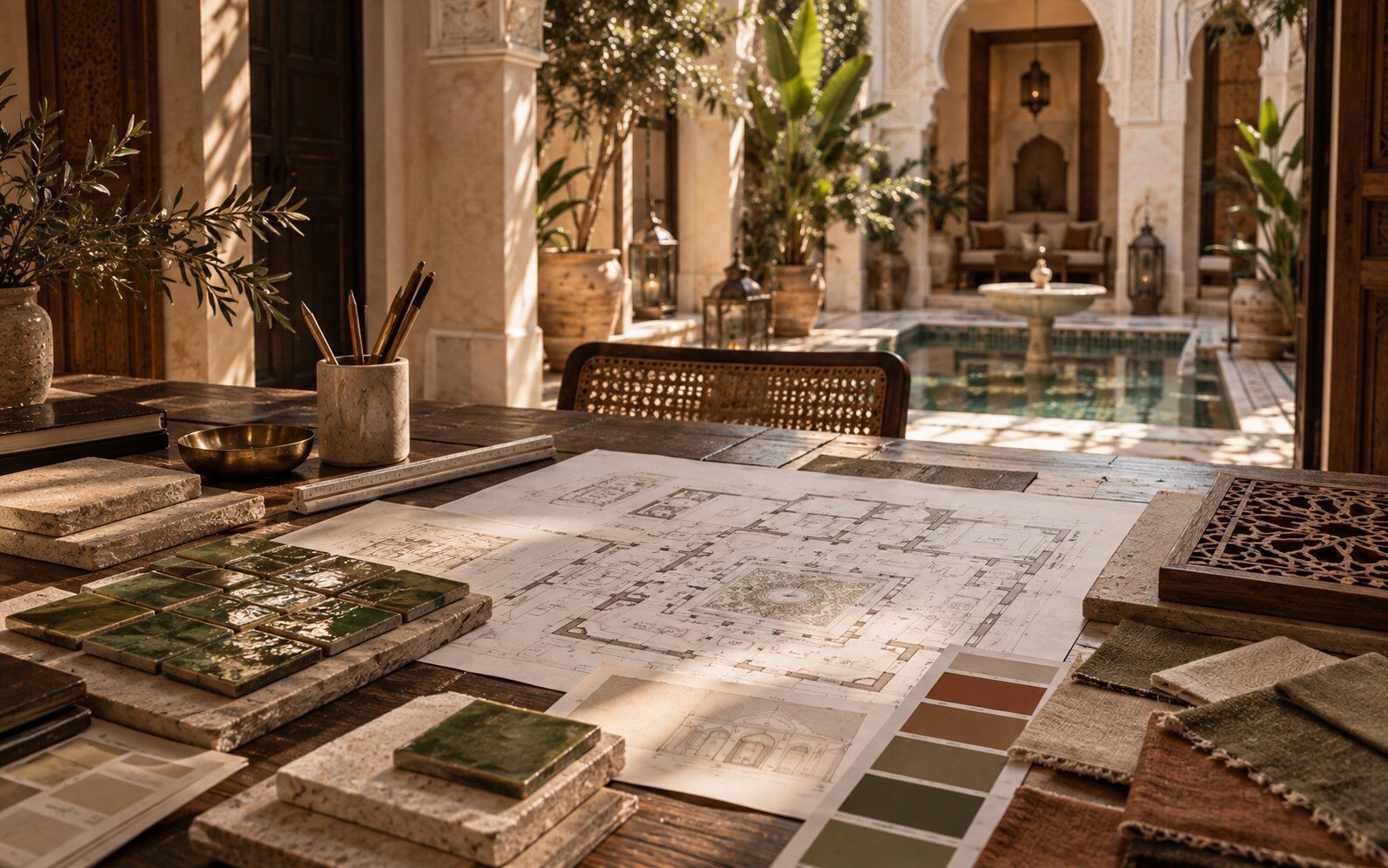 Plans de rénovation de riad, échantillons de zellige, travertin et nuancier sur une table face au patio – MF Interiors