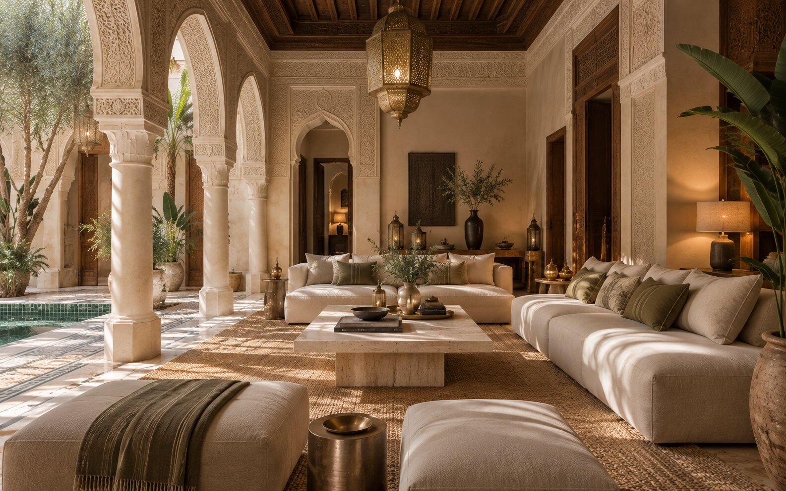 Salon de riad restauré à Marrakech : arches en plâtre sculpté, plafond en cèdre, zellige et mobilier contemporain – MF Interiors