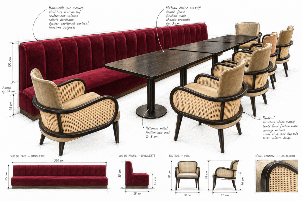 Croquis de la banquette capitonnée et des fauteuils cannés du restaurant