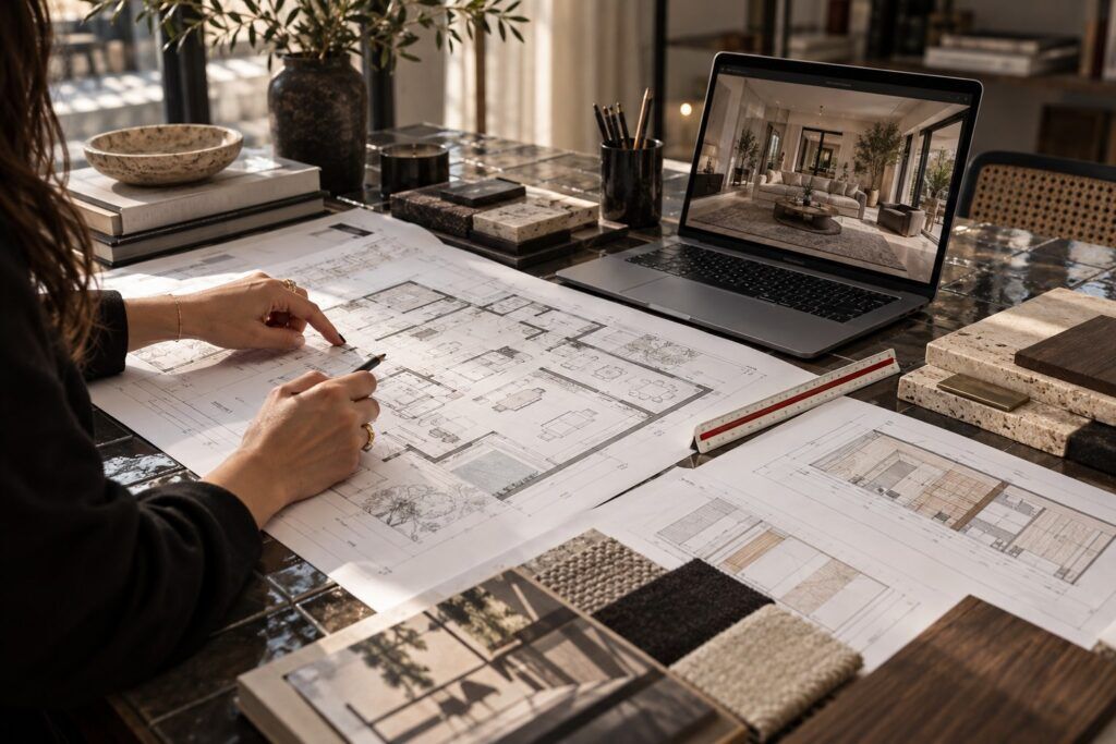 Plans d'exécution, élévations et rendu 3D sur la table de l'agence MF Interiors à Marrakech