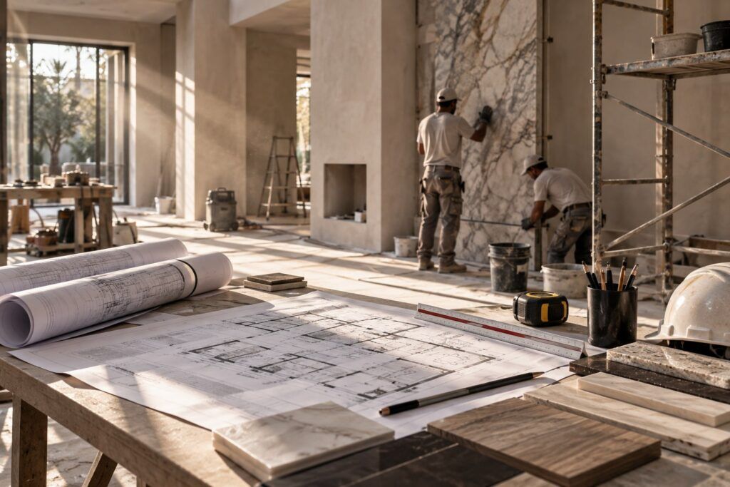Suivi de chantier MF Interiors : plans déroulés, pose de marbre et artisans au travail