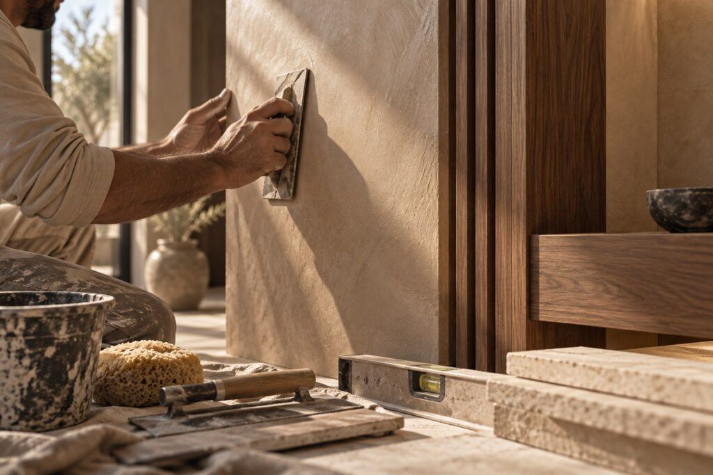 Artisan appliquant un enduit tadelakt lors d'une rénovation intérieure MF Interiors à Marrakech