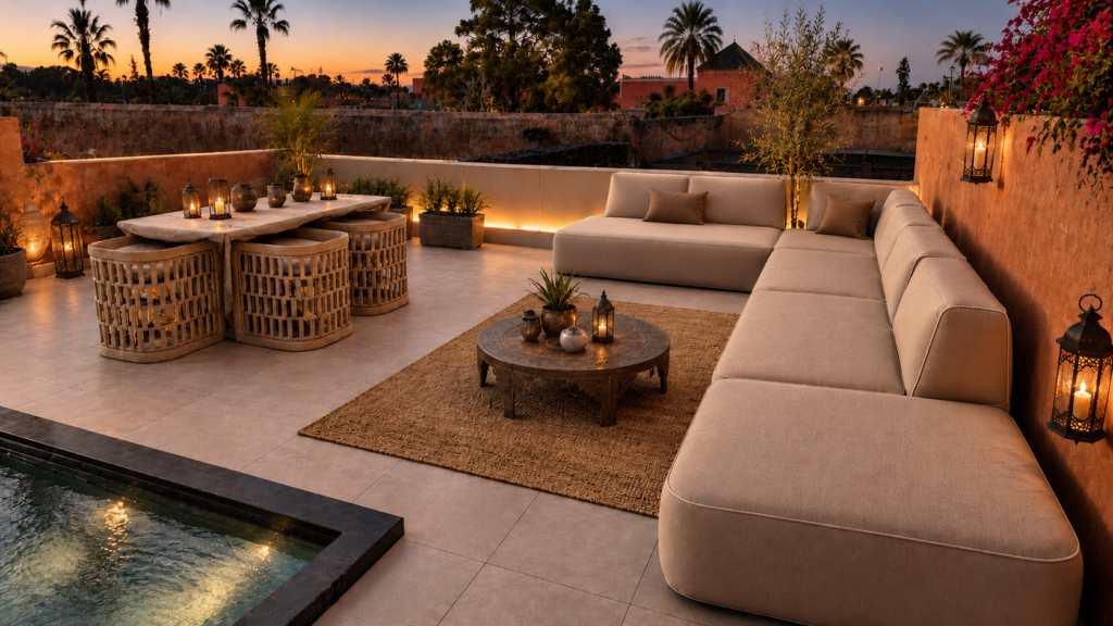 Salon extérieur sur mesure sur un rooftop à Marrakech
