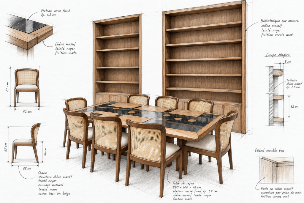 Croquis de la bibliothèque, de la table et des chaises cannées
