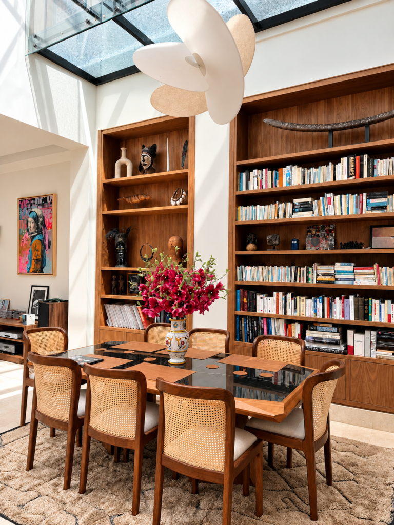 Bibliothèque et table de repas sur mesure en chêne teinté noyer